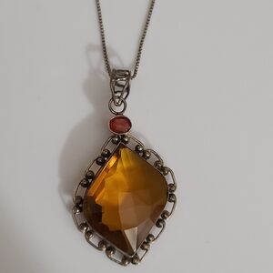 Vintage 925 Citrine Garnet Art Deco Necklace Pendant Chain 14g Sterling Czech